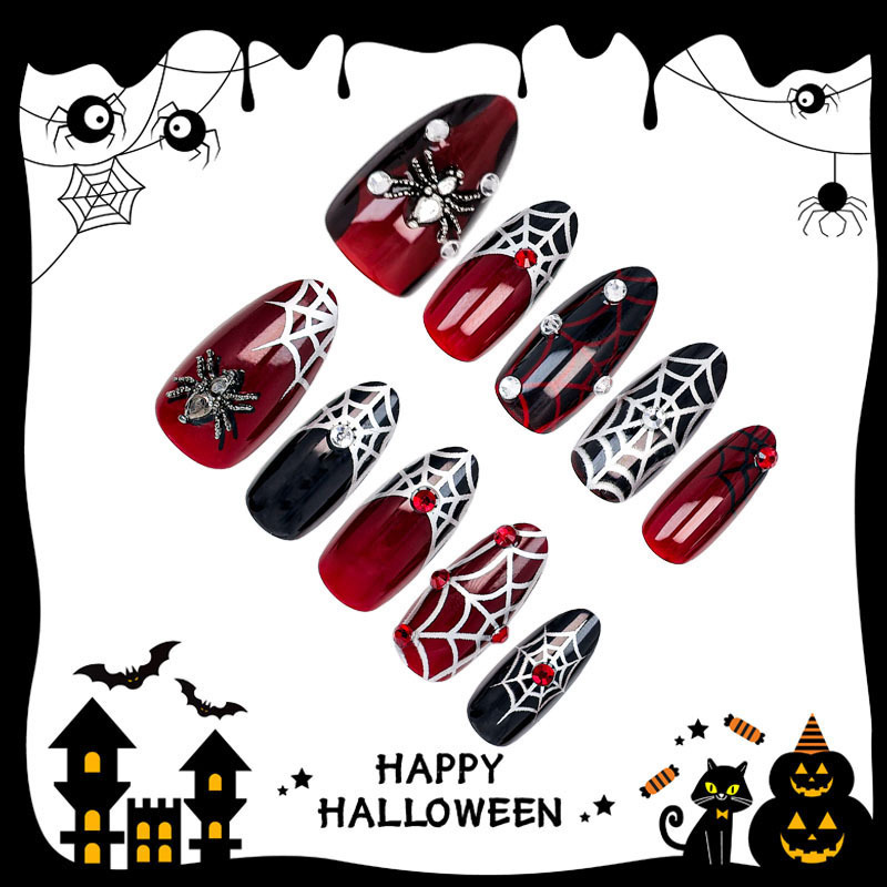 Cross-border new product: 30-piece Halloween 3D almond-shaped press-on nails with spider web and rhinestone designs, available for wholesale Cross-border new product: 30-piece Halloween 3D almond-shaped press-on nails with spider web and rhinestone designs, available for wholesale