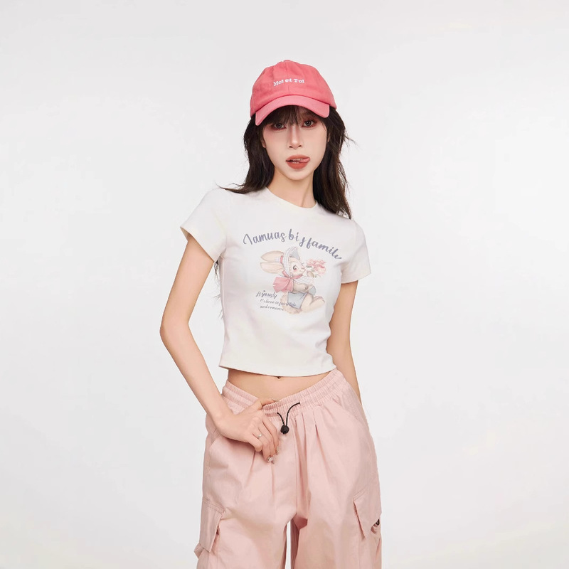 White Rabbit Shoulder Short-sleeved T-shirt Women's Summer 2025 New Summer Small Slim-fit Short Sweet and Hot Small Top