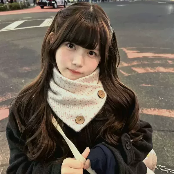 Trendy Japanese-style cream polka dot buttoned scarf for women, autumn and winter, warm and atmospheric, suitable for students