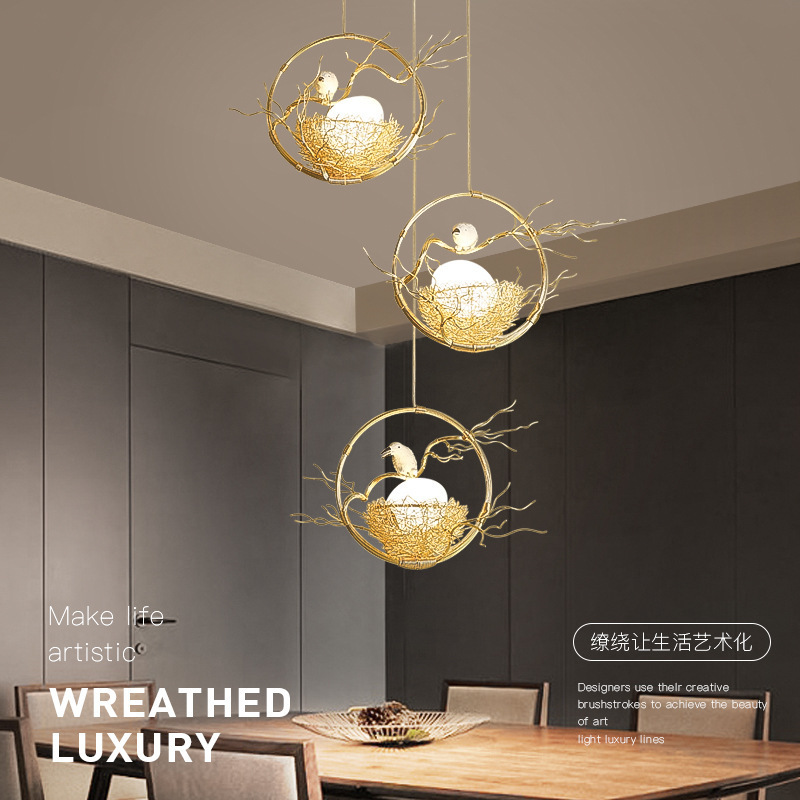 Modern simple small bird's nest chandelier creative three led warm romantic bedroom lighting fashion personalized dining hall lamp