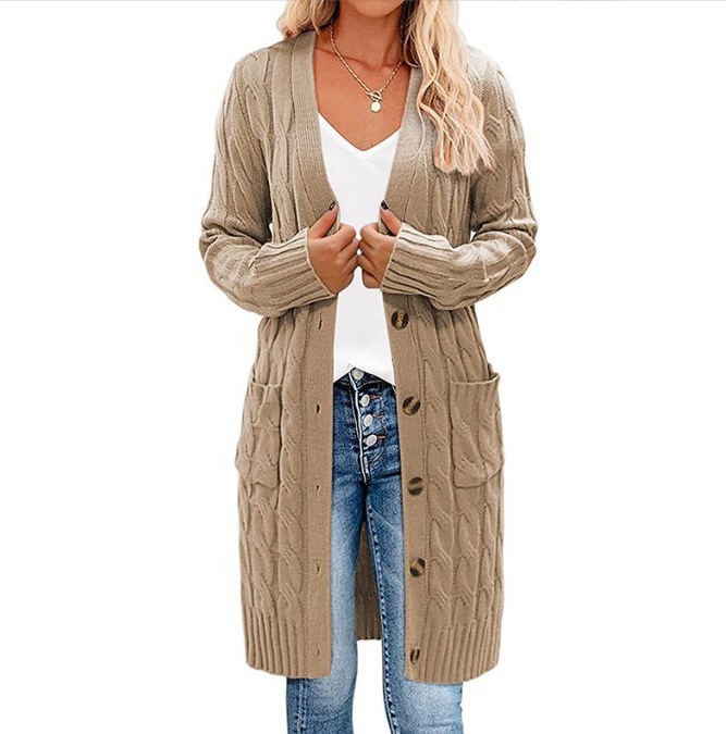 Comercio exterior transfronterizo Amazon otoño y invierno nuevo suéter de punto largo de torsión de botón de color sólido para mujeres cardigan chaqueta image 7