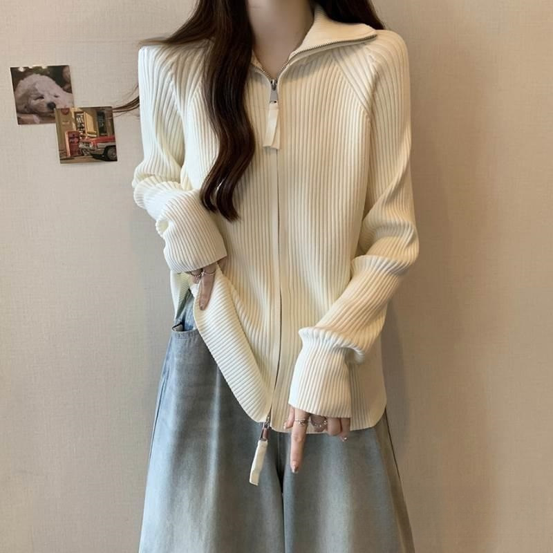Right Shoulder Double Zipper Knitted Cardigan for Women Early Spring Plus Size Fat Sister Slimming Look European Top Maillard Sweater Shipping