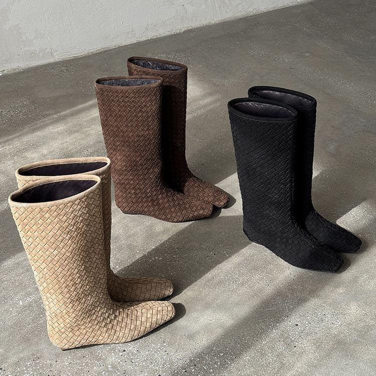 Low-Heeled Knight Boots for Women, Woven High Boots, Winter New Two-Layer Cowhide Square Toe Sheath Knee-High Boots for Women, Straight Boots