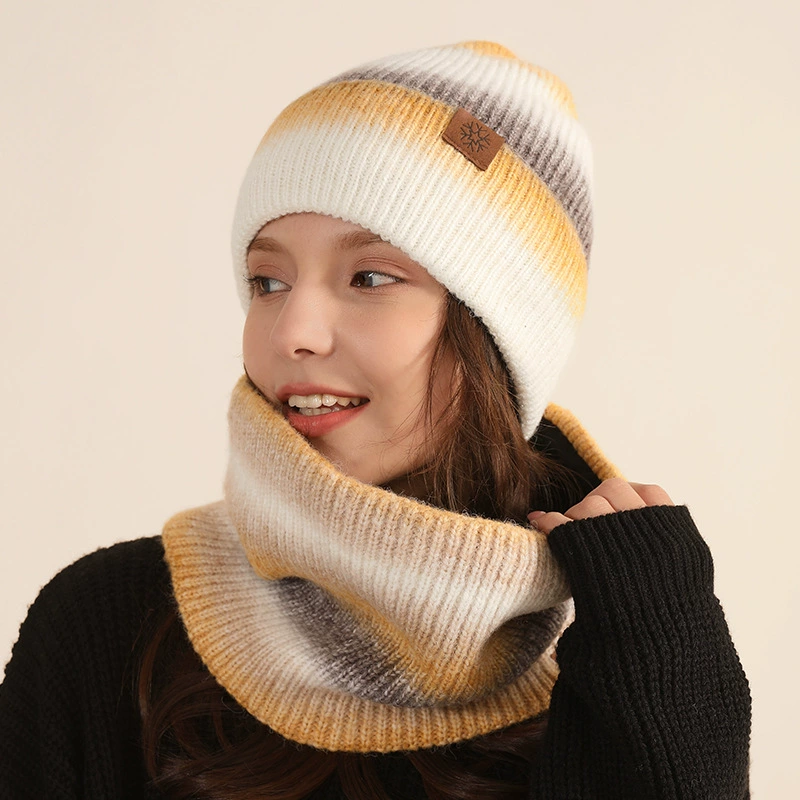 Winter travel keep warm knitted scarf, hat, set, European style, gradient