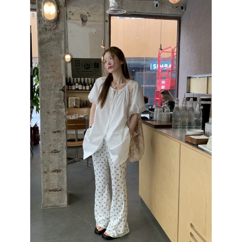 毎日の良い女の子〜小さな新鮮な夏服ミドル丈ベビードールシャツパフスリーブニッチトップレースアップ半袖シャツ女性用|undefined