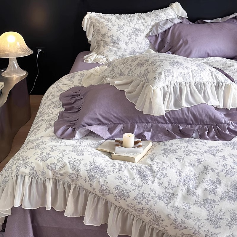 Nordic French Vintage Boho French Vintage Style All-cotton Soft Four-piece With Floral Print, Pure Cotton Ruffle Edge Duvet Cover Bedding Set_voghion.com