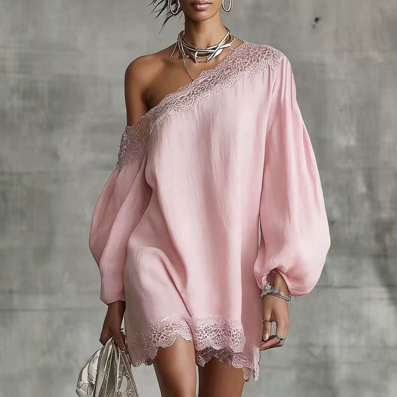 Cross-Border Tiktok European and American Popular Women's Clothing Summer New Solid Color Lace Trim Off-Shoulder Long-Sleeve Casual Top