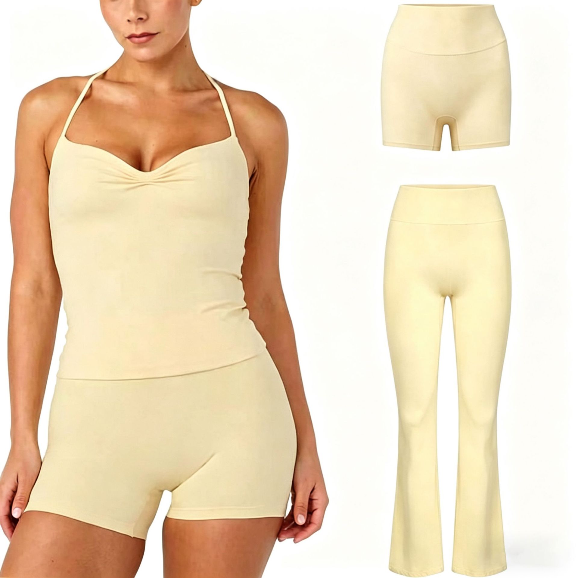 Colgar cuello en V alta elástica piel con cojín de pecho apretado entrenamiento deportivo profesional pilates set de yoga pantalones cortos pantalones largos