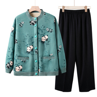 Middle-aged and elderly knitwear plus velvet suit grandma autumn and winter new cardigan thickened sweater mother autumn cardigan