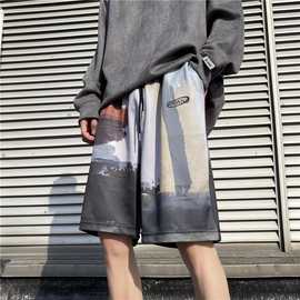夏季新款休闲复古油墨短裤男生学院风原宿风五分裤日系个性休闲裤
