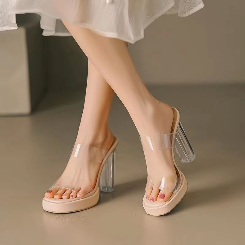 Una palabra con cristal transparente super tacones impermeables zapatillas de tacones gruesos para mujeres 2024 nuevas sandalias de verano