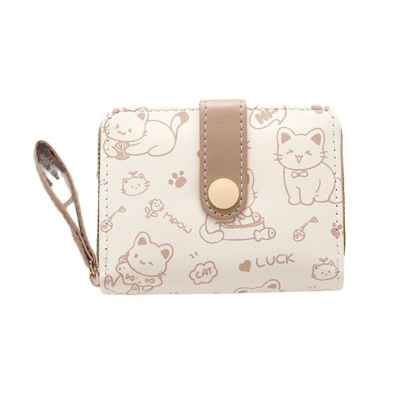 シンプルでかわいい子猫和風レディースバックルコインポジションハンドストラップレディース多機能ショートウォレット財布カードホルダー|undefined