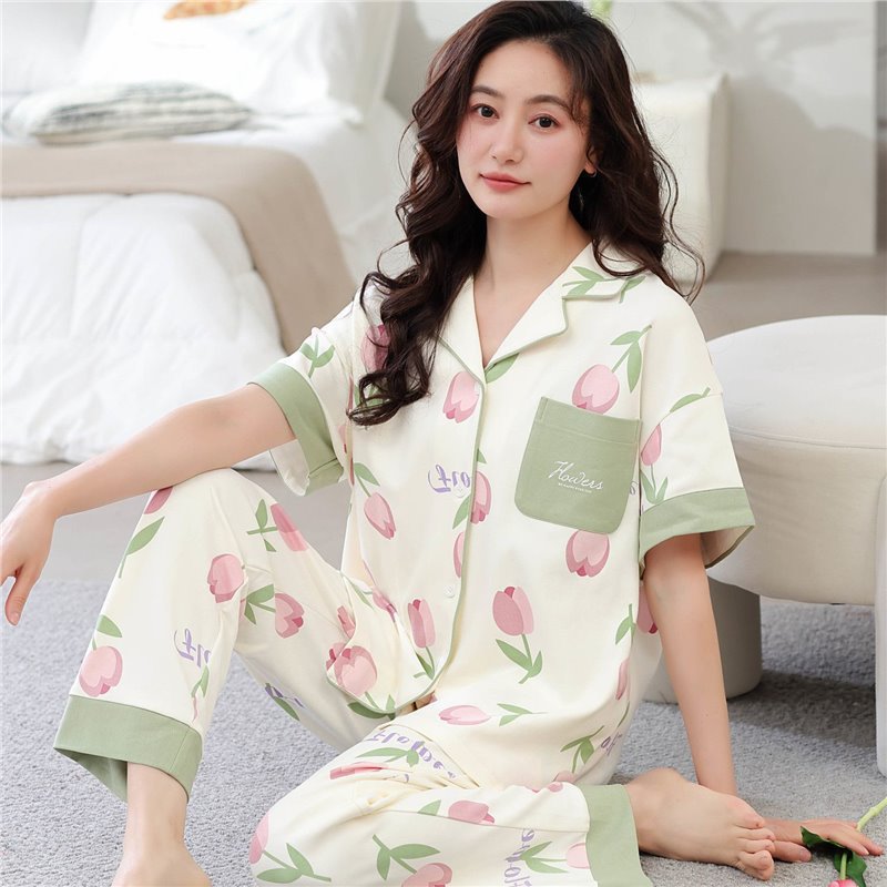 Pajamas de algodón de dos caras para mujeres de verano coreanas pantalones de manga corta, cardigan grande, ropa para el hogar juvenil
