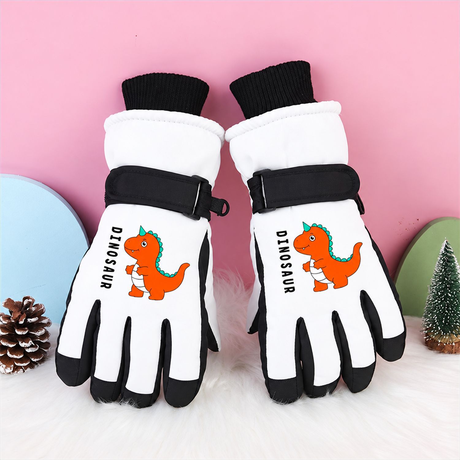 Los niños con pantalla táctil engrosan 3 - 12 años en invierno, impermeables, a prueba de viento, antideslizantes y cálidos, esquian y juegan guantes de dinosaurio de nieve y terciopelo. image 5
