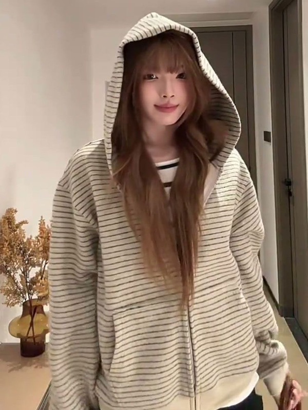 美式复古条纹连帽开衫卫衣女2025秋季新款潮牌宽松小众慵懒风外套|undefined