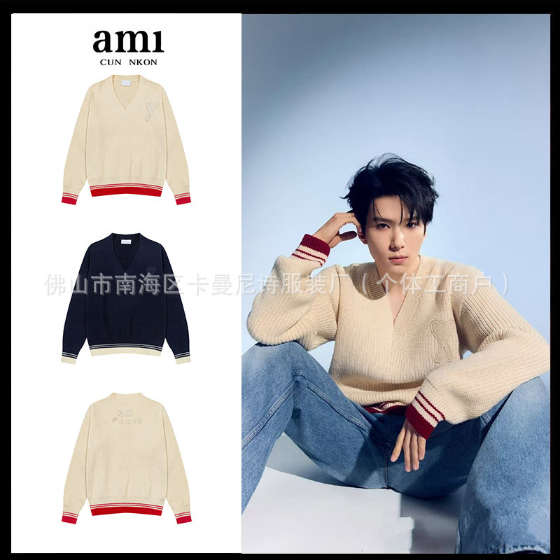 Ami Autumn and Winter Loose Knitted Heart V Neck Knitwear with Text Micro-Label Contrasting Color Knitwear Casual and Versatile Star Style