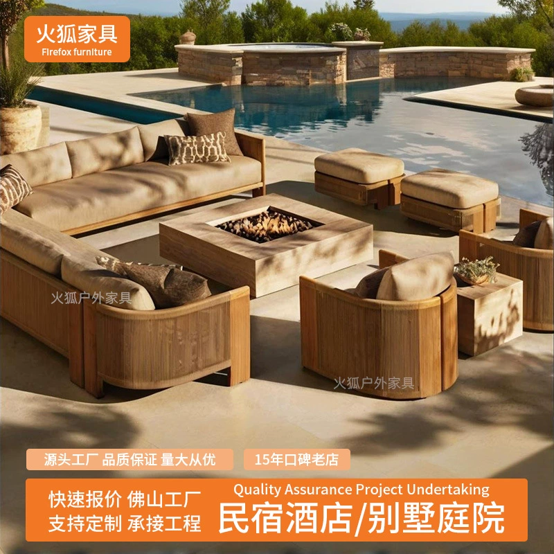 Уличный диван из ротанга, открытый двор, балкон виллы, веревочный журнальный столик, садовый отдых, мебель из ротанга для отеля из цельного дерева