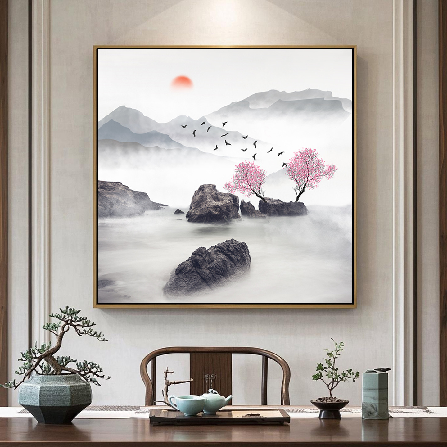 正方形装饰画新中式山水画客厅挂画禅意书房厕所水墨画背景墙壁画