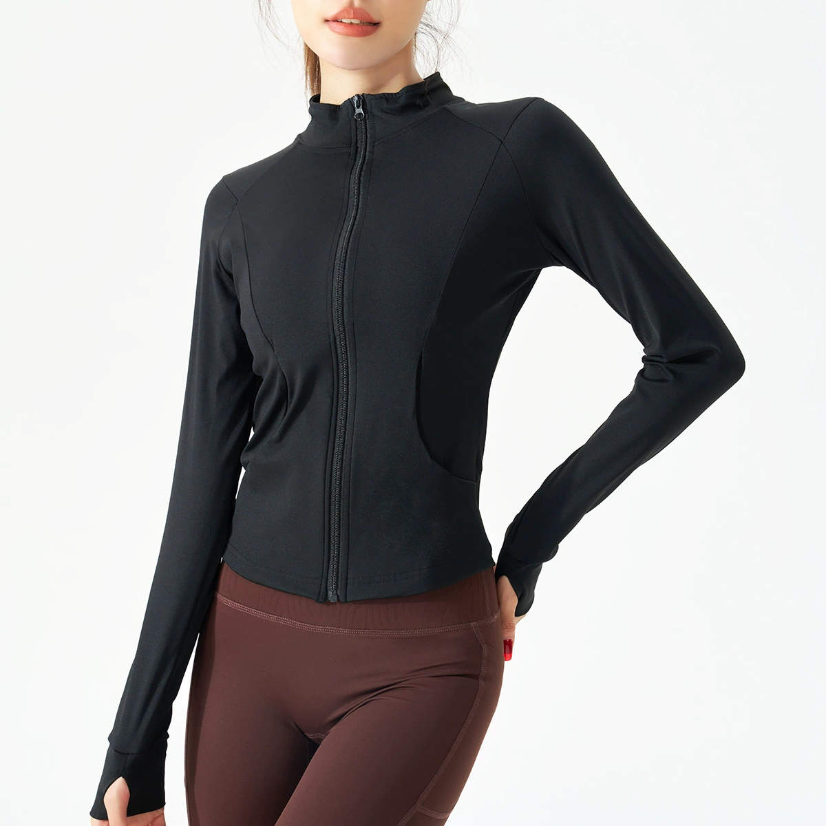 Куртка женская slim-fit для йоги с молнией, длинный рукав для спортзала и путешествий