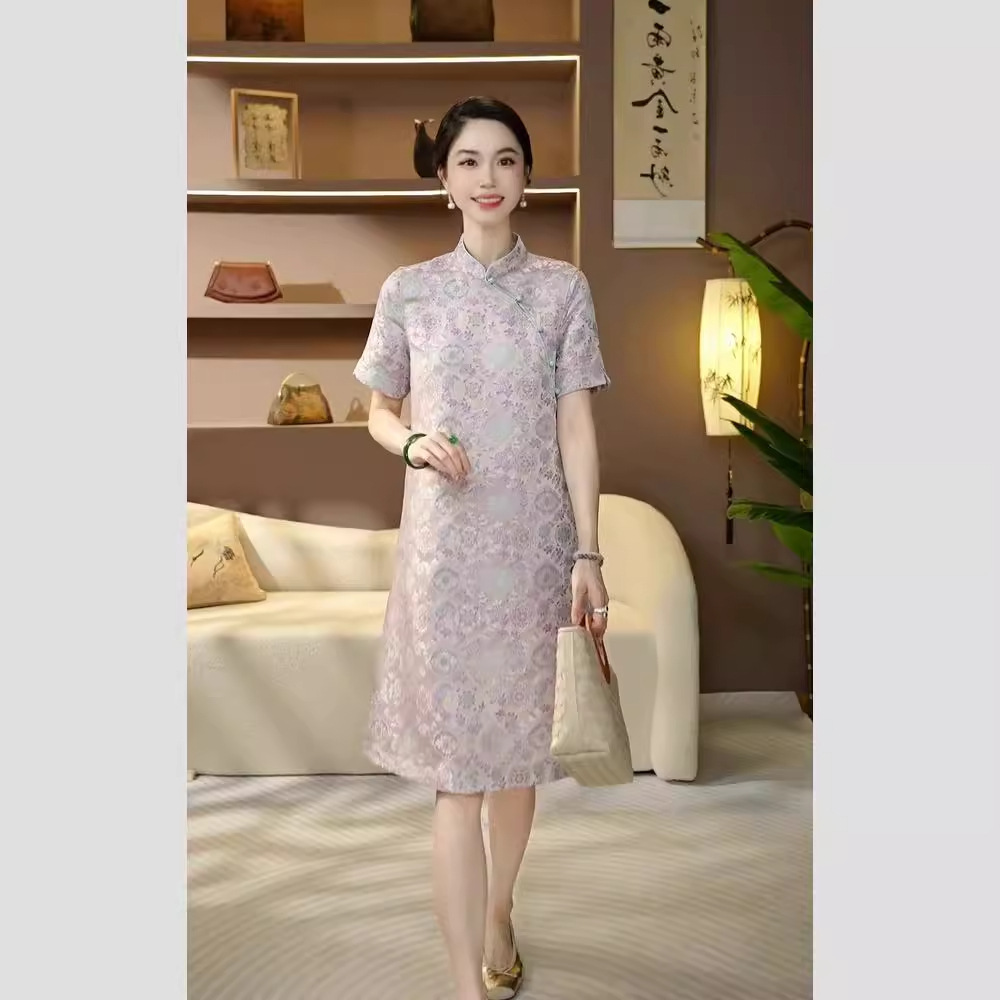 Đầm maxi nữ thắt eo phong cách Trung Quốc mới, chất liệu Song thổ cao cấp, tay ngắn, cổ cao, dáng suông nhẹ — Màu tím
