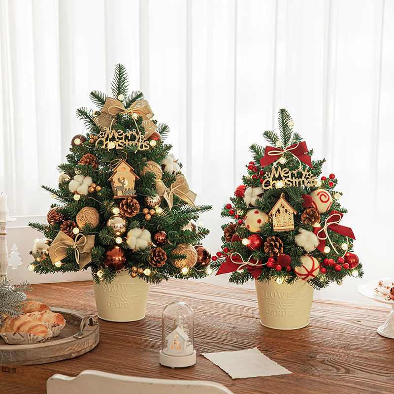 Nuevo árbol de Navidad transfronterizo mini decoración de escritorio DIY material paquete de decoración de lujo cifrado PE barril de hierro árbol de Navidad