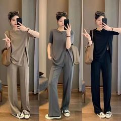 新型ワイドパンツセット女性夏韓国風ファッションビッグサイズゆるいデザイン感オープン半袖上着ズボンブーム