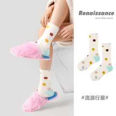 文藝復興女襪秋冬新款可愛風波點印花中筒襪加厚保暖仿貂絨襪子女
