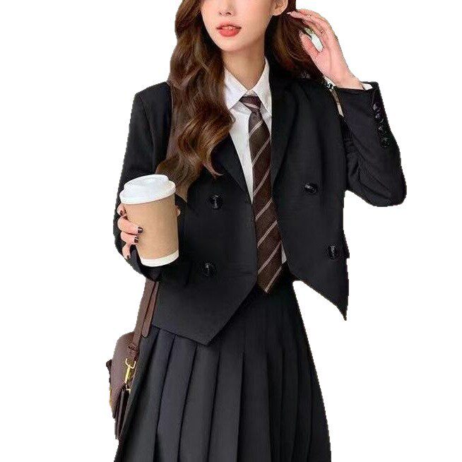Bộ vest nữ kèm chân váy dáng ngắn cổ vest tay dài phong cách thanh lịch — Váy đáy đen, Áo khoác vest màu đen, Bộ vest + váy đen