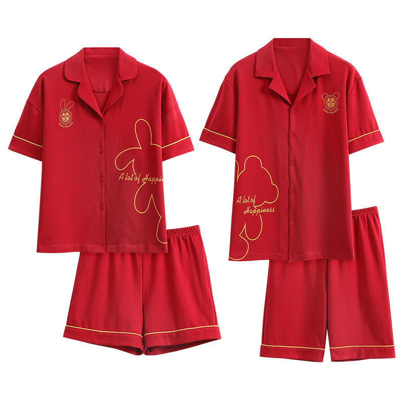 Pareja de verano pijamas de algodón de las mujeres de la boda traje rojo solapa año de nacimiento de algodón manga corta desgaste del hogar de Los Hombres