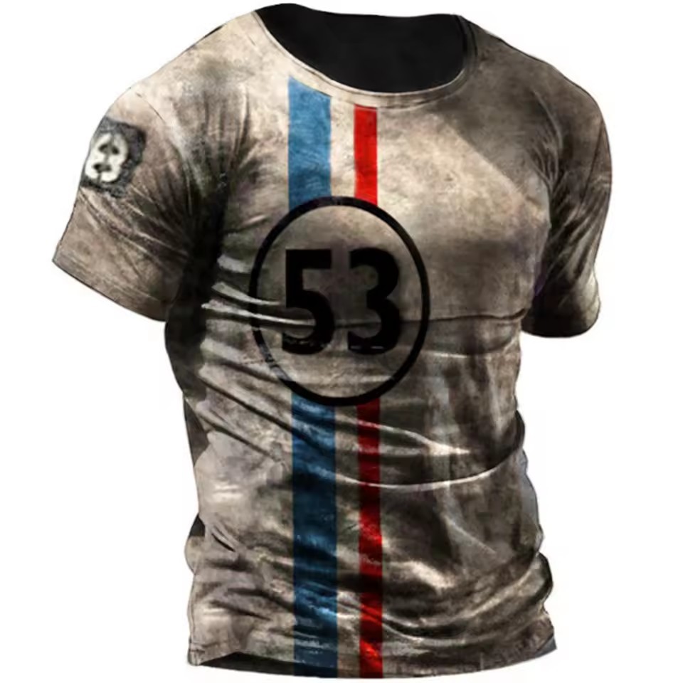 Camiseta de cuello redondo de manga corta transpirable de malla suelta de verano de los hombres con estampado 3D con estampado de lema retro clásico