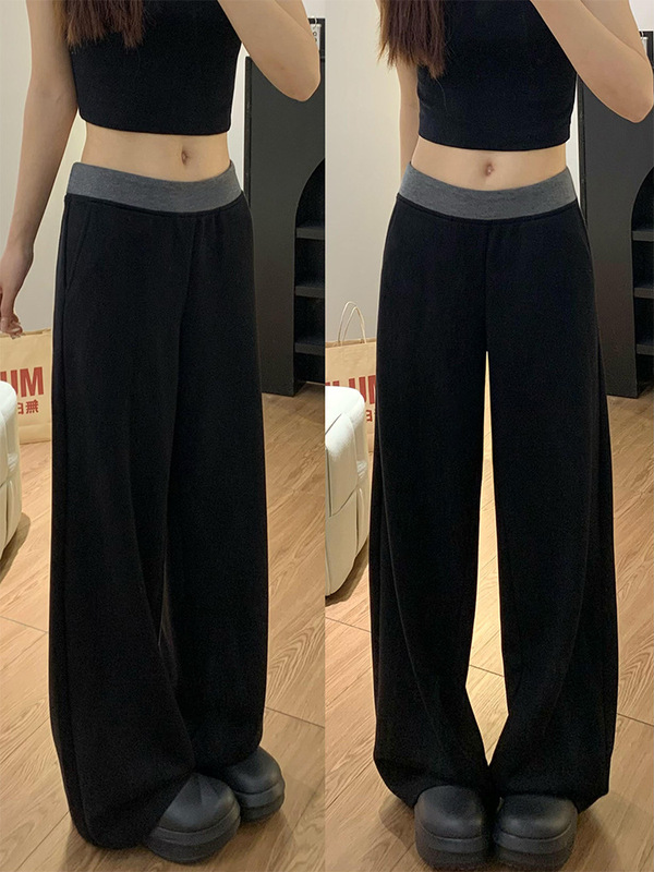 黑色拼接休闲运动裤女秋季2025新款高腰宽松显瘦直筒阔腿拖地裤子|undefined