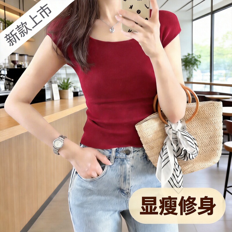 New Red Square Collar ShorT-sleeved T-shirT for Women American Sexy Casual Slim Slim ShorT VersaTile Top BoTToming ShirT