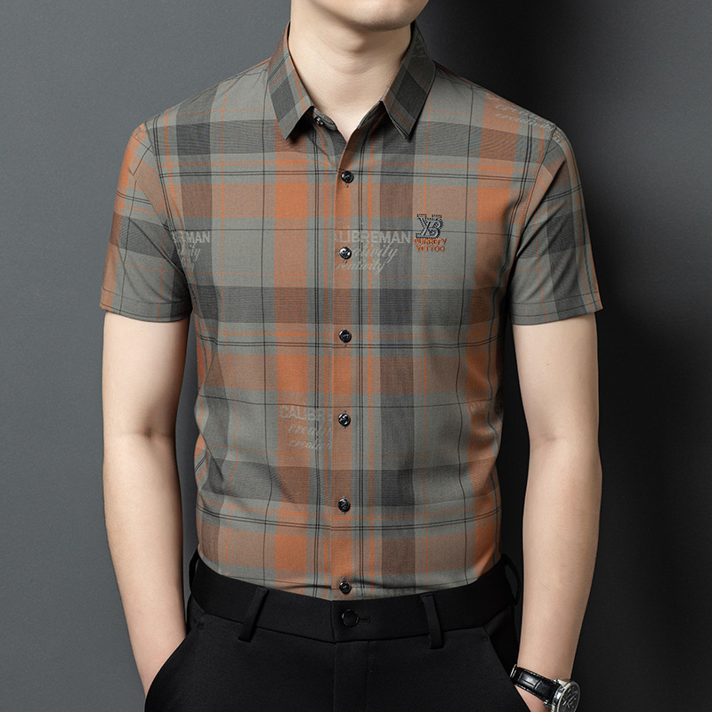 New Style Seamless Printed Men's Short-Sleeved Shirt Mulberry Silk Middle-Aged Clothes Business Casual No-Iron Shirt