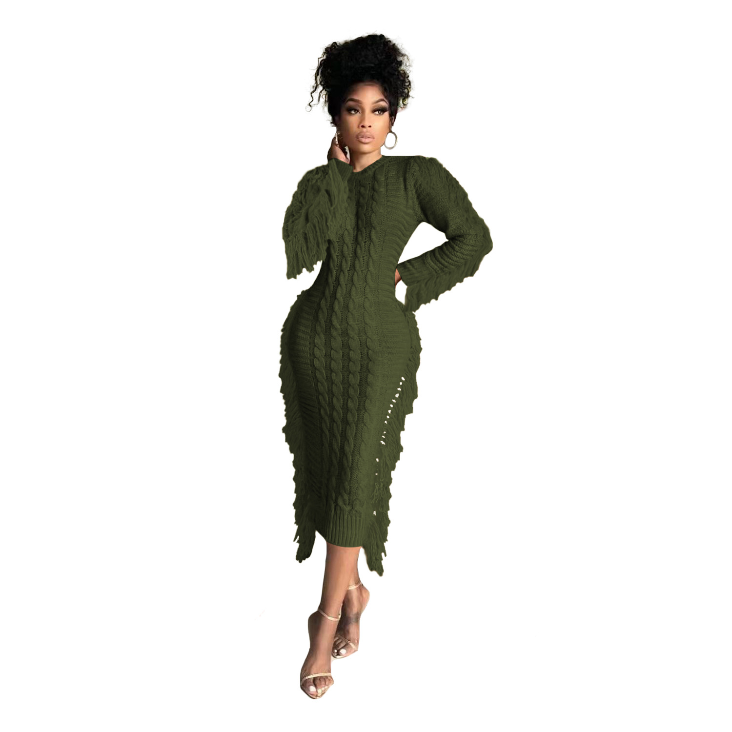 Robe pull femme avec franges longues en maille pour l'hiver_voghion.com