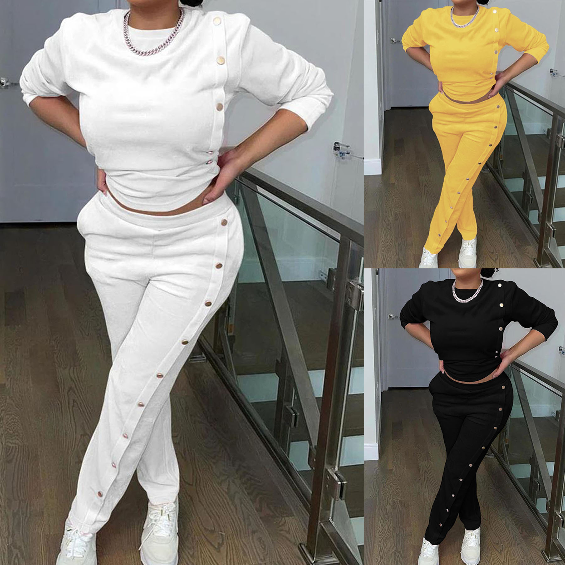 Women's Clothing women's clothing Side breasted two piece sweatshirt long sleeved trousers fashionable casual suit_voghion.com