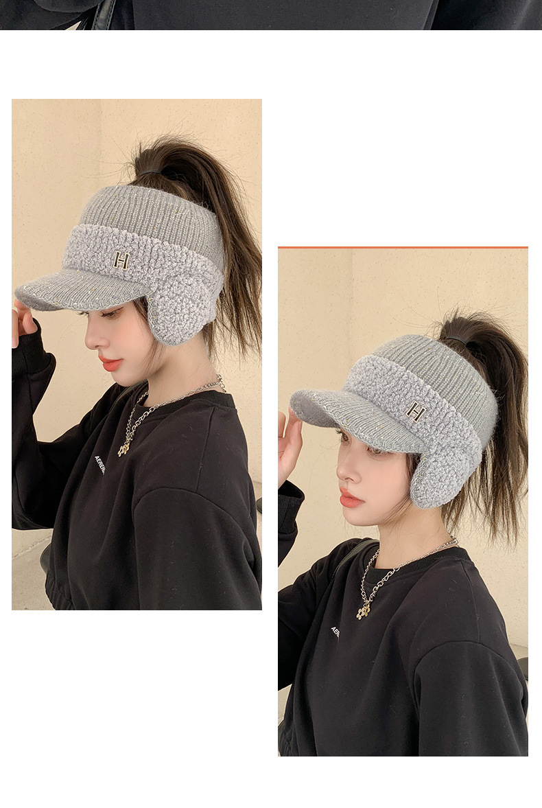 Nuovo cappello per donna, cappello a becco d'anatra con protezione per le orecchie lavorato a maglia, alla moda e versatile, con isolamento in velluto aggiunto, punte auricolari vuote in alto, cappello di lana alla moda_voghion.com