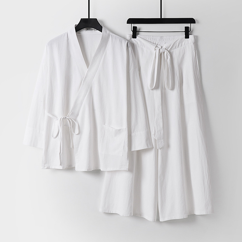 大きいサイズのメンズ夏中国風リネンスーツ綿とリネン半袖夏服中国風七分袖メンズツーピーススーツ|undefined