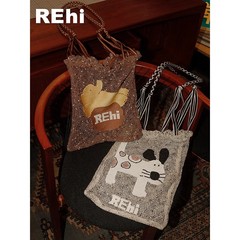 REhi ツイストポケットバッグ オリジナル編みロープ子犬刺繍織り大容量ショルダーバッグクロスボディトートバッグ