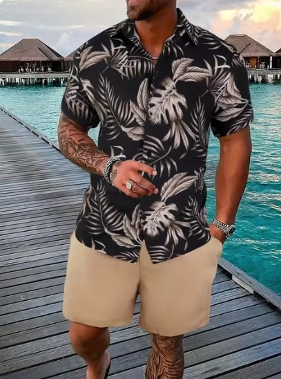 2024 europeo y americano transfronterizo verano AliExpress camisa de hombre casual suelto pantalones cortos de manga corta traje de playa impresión 3D