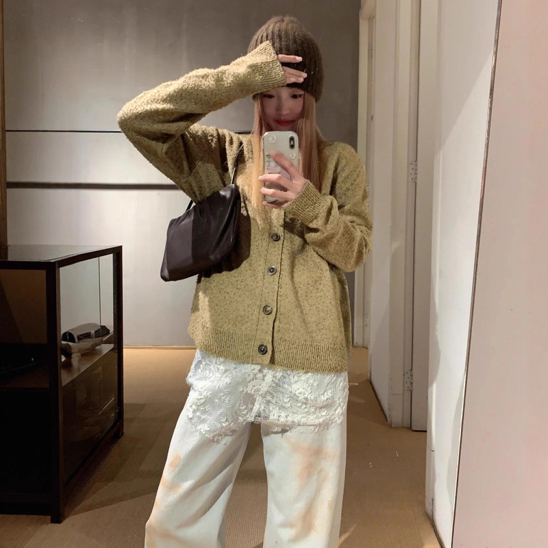 House25 Autumn and Winter Hand-Brushed Old Craft Simple V Neck Loose Wool Knitted Cardigan for Women