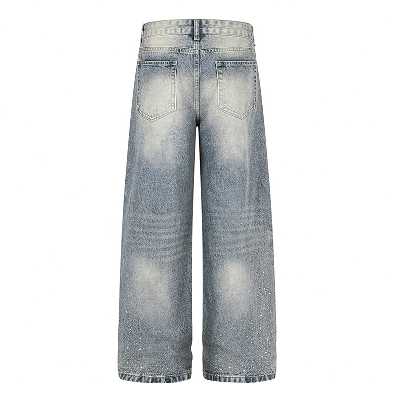 Retro Washed Rhinestone Straight Leg Jeans Loose Fit Casual Versatile Men Women High-End Design Summer Style_viptrois.com
