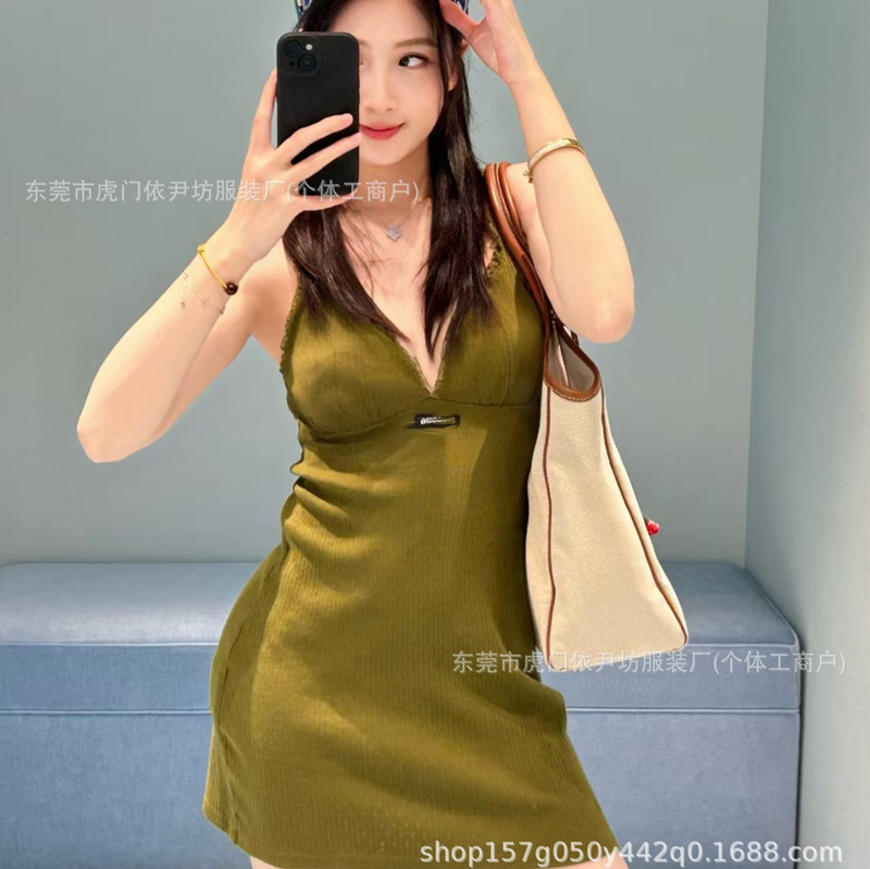 Correct Version of the 2026 New Lace Hollow-Out Olive Green Slim-Fit Knit Spaghetti Strap Dress