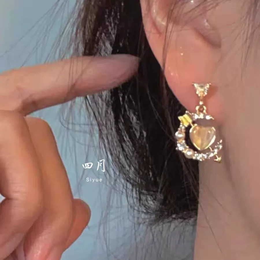 Серьги, цирконий, клипсы для ушей, корейский стиль, шампанское, кошачий глаз