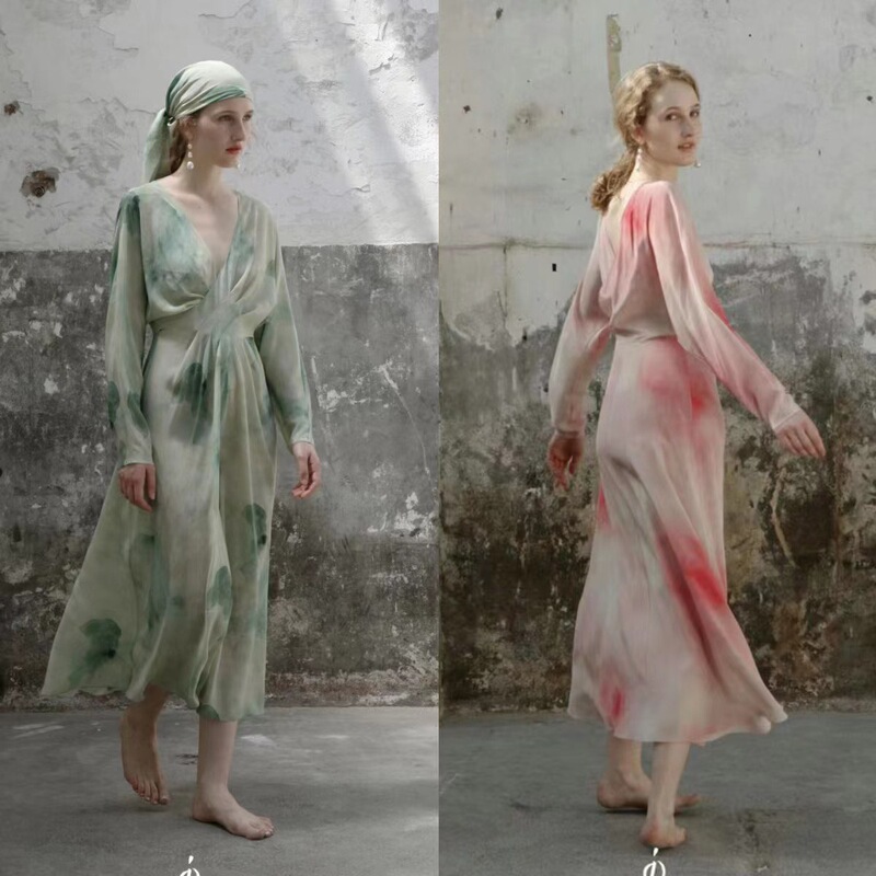 Vintage Fairy Beauty-Poetic Jade Halo Dye Blue Ink Printed Sand Wash Silk Cross-Waist Dress