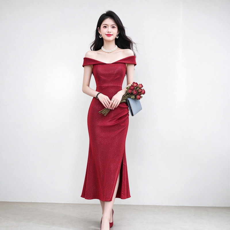 One-Shoulder Elegant Tube Top Dress Pure Color Sequin Bridal Toast Dress Banquet Elegant Waist Slit Evening Dress