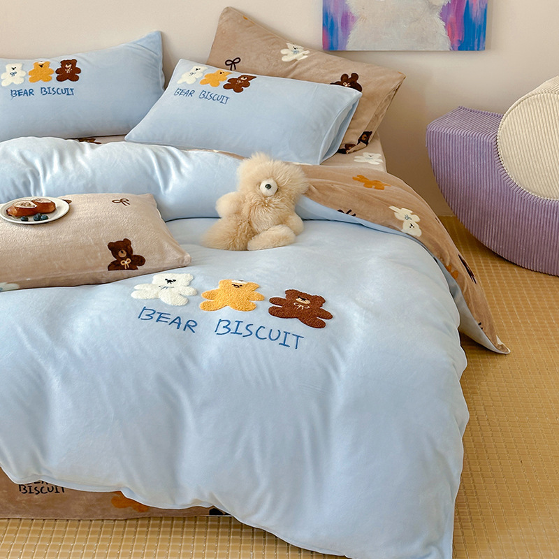 New Foreign Trade Milk Velvet Towel Embroidery Thickened Warm Four-Piece Set for Home Use in Autumn and Winter, Student Cartoon Three-Piece Set