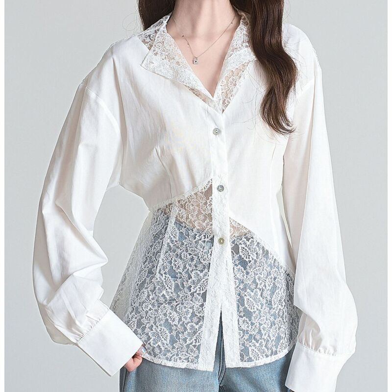 2026 Spring and Summer New Design Lace Patchwork Shirt with Straps, White Long-Sleeve Blouse for Women, Off-Shoulder, High Elasticity 2026 Spring and Summer New Design Lace Patchwork Shirt with Straps, White Long-Sleeve Blouse for Women, Off-Shoulder, High Elasticity