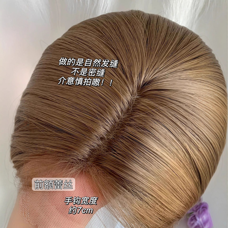 假发亚麻灰棕一刀切短发女全头套前额蕾丝高温丝日常|undefined