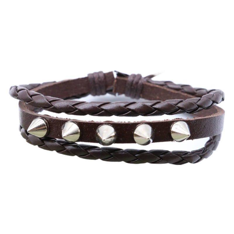 Trendy Punk Non-mainstream Rock Retro Cowhide Woven Central Nail Bracelet Fashion Personalized Men's and Women's Bracelet