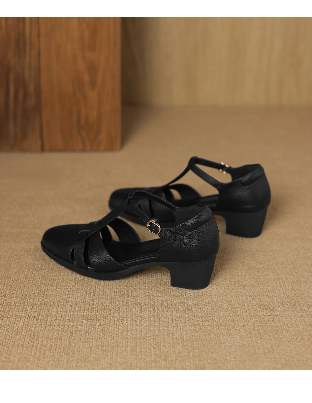 Sandal nữ gót vuông quai ngang phong cách La Mã, đế rỗng, dệt chéo khóa T — đen chi tiết 23